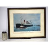 A framed print of RMS Queen Mary on her final voyage from Southampton 1967 .28 x 40 cm.