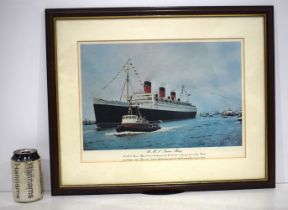A framed print of RMS Queen Mary on her final voyage from Southampton 1967 .28 x 40 cm.