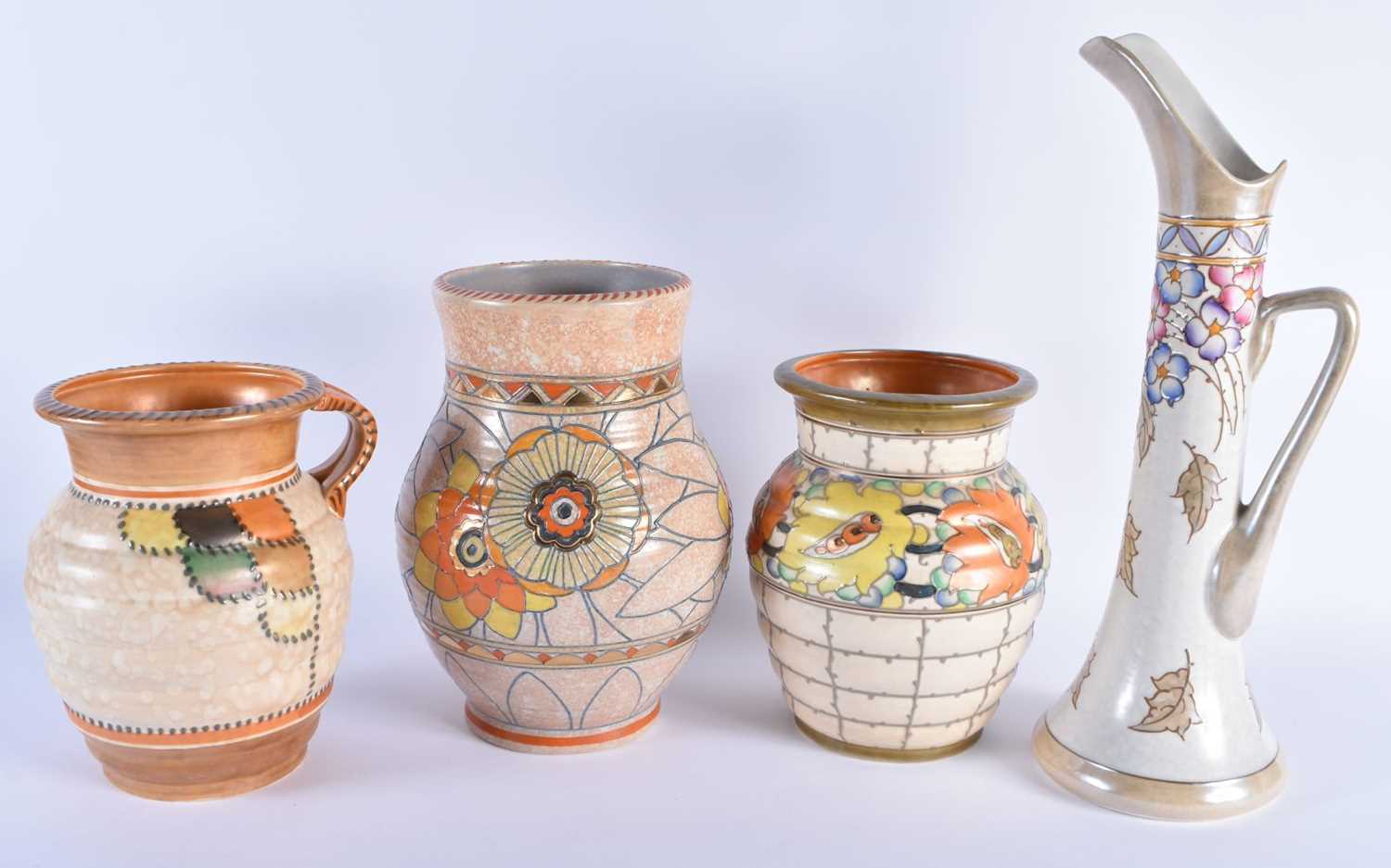 THREE LARGE ART DECO ENGLISH POTTERY VASES together with a ewer, bursley ware etc. Largest 38.5 cm