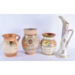 THREE LARGE ART DECO ENGLISH POTTERY VASES together with a ewer, bursley ware etc. Largest 38.5 cm