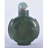 A 19TH CENTURY CHINESE CARVED SPINACH JADE SNUFF BOTTLE AND STOPPER Qing. 6 cm x 4.25cm.