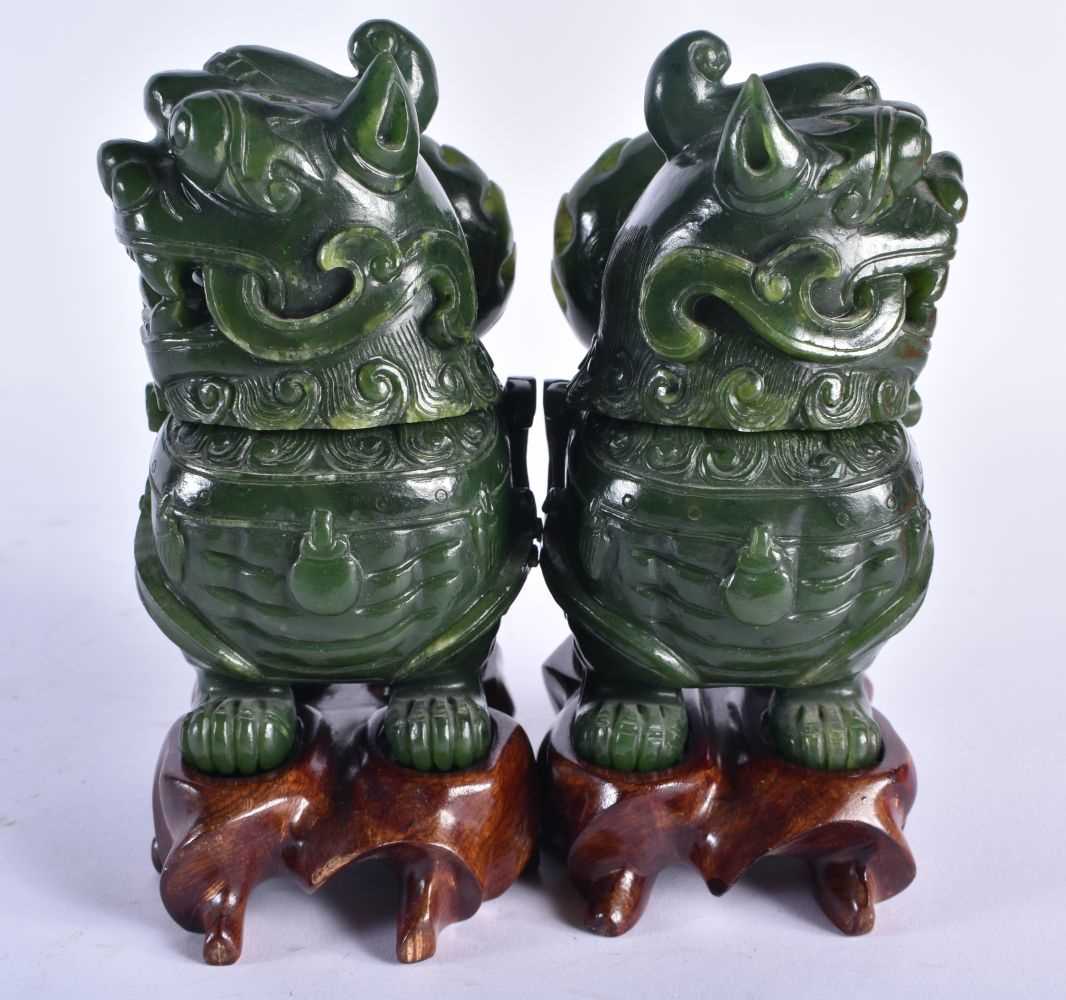 A PAIR OF LATE 19TH CENTURY CHINESE CARVED JADE CENSERS AND COVERS Qing. 10 cm x 10 cm. - Image 2 of 6