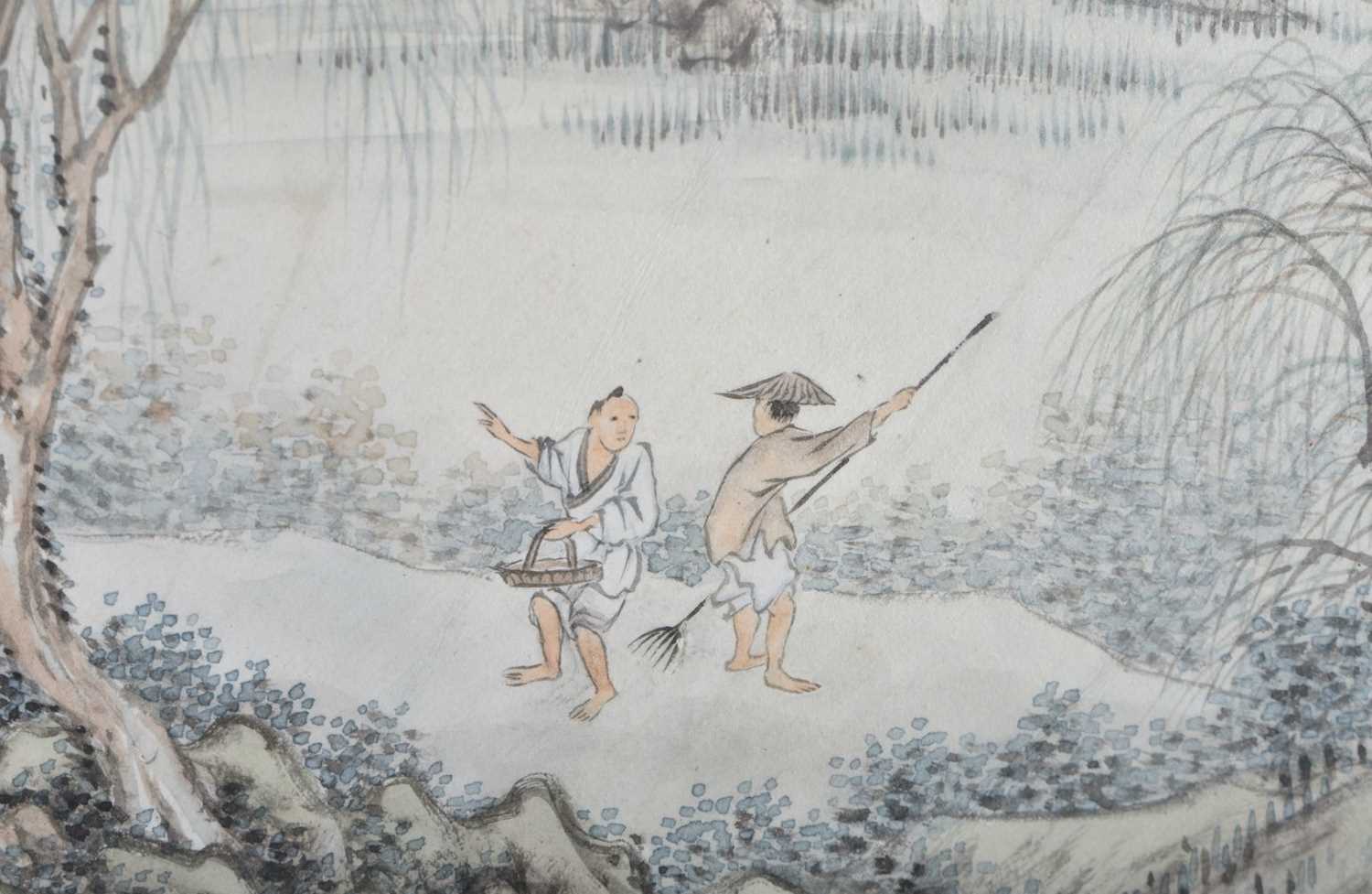Attributed to Rong Zuchun (1872-1944) 2 x Fan watercolours, Figures by the lake. 57 cm x 33 cm. - Image 9 of 12