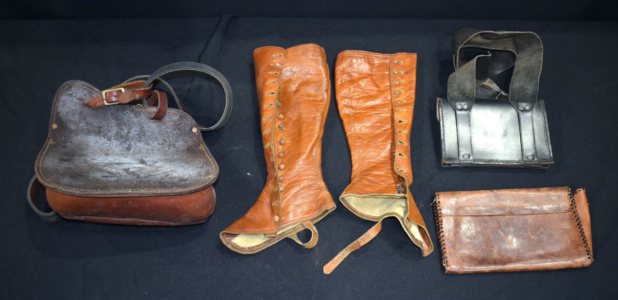 A pair of antique ladies leather Gaiters together with a leather Tax collectors bag, Cartridge bag e - Image 2 of 5