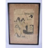 A 19TH CENTURY JAPANESE MEIJI PERIOD WOODBLOCK PRINT depicting four geisha within a landscape. 52 cm