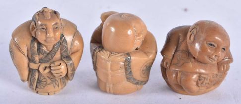 Three Japanese Nut Netsuke carved as Figures. Largest 3.4cm x 1.9cm x 2.8 cm, total weight 36g (3)