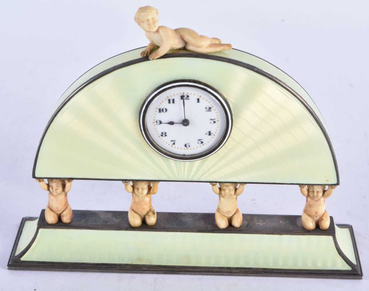 Antique German 935 Silver & Guilloche Enamel Desk Clock featuring a White Enamel Dial. Case features