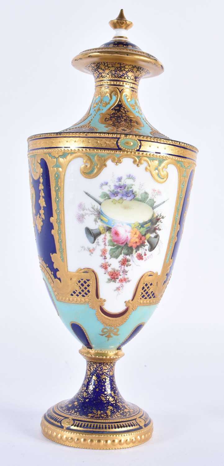 Royal Crown Derby vase and cover painted with musical instruments and flowers on a turquoise and - Image 2 of 5