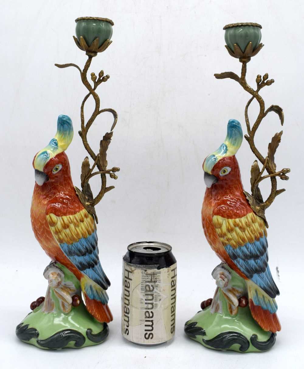 A pair of ormolu mounted porcelain parrot candle stick holder 39 cm (2) - Image 2 of 8