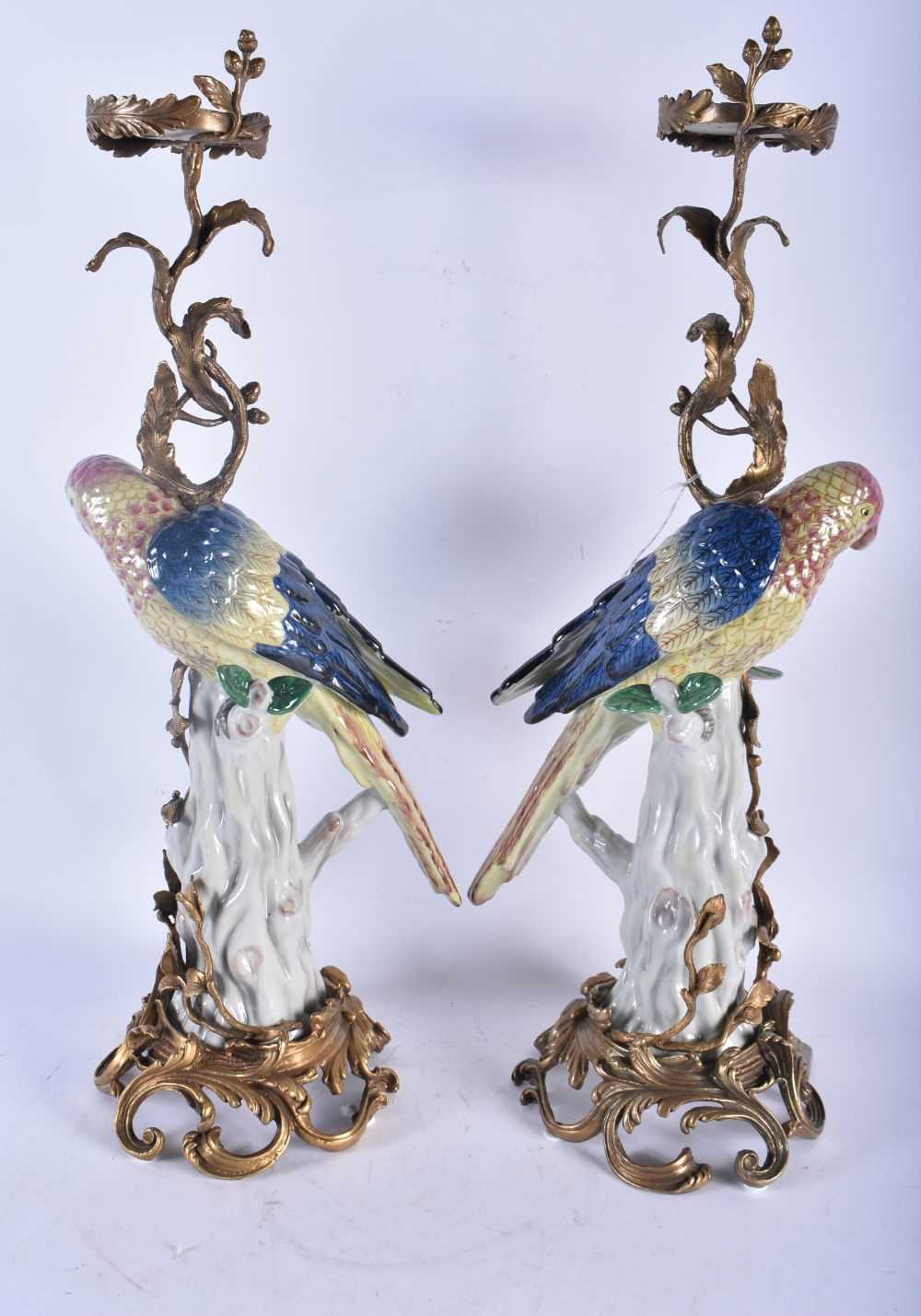 A LARGE PAIR OF CONTINENTAL PORCELAIN ORMOLU AND BRONZE PARROT CANDLESTICKS. 56 cm high. - Image 4 of 6