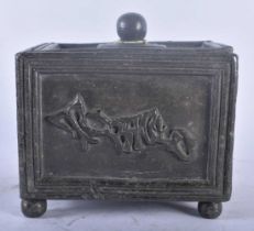 A LATE VICTORIAN 1894 LEAD TOBACCO BOX AND COVER decorated with motifs. 14 cm x 14 cm.