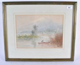 Framed Print of Fisherman on a Lake signed "Kouchi". Frame 49cm x 41cm