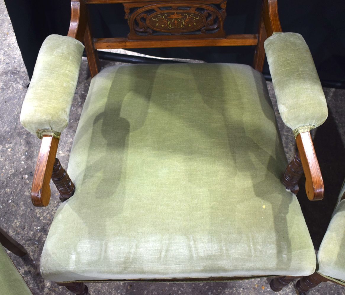 A collection of Edwardian wooden framed Upholstered armchairs with wood inlay to back (4). - Image 5 of 13