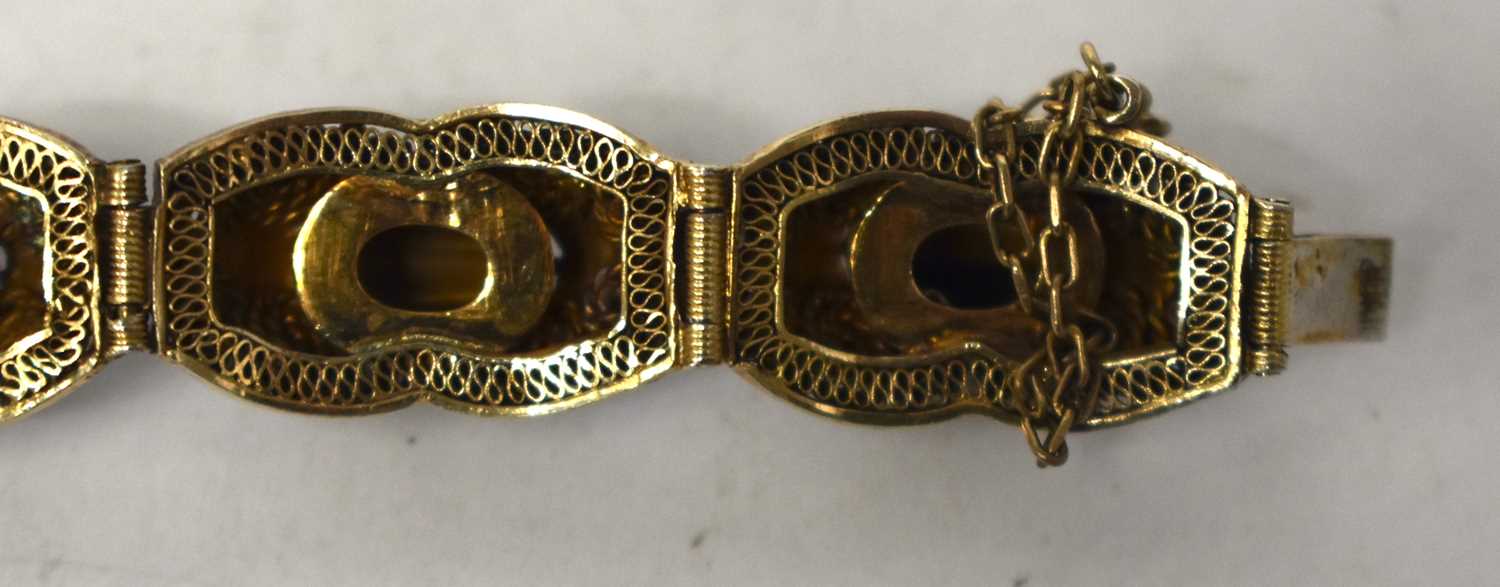 A LATE 19TH CENTURY CHINESE SILVER GILT ENAMEL AND TIGERS EYE BRACELET. 29 grams. 18cm long. - Image 7 of 15