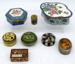 A French Le Tallac Sevres style Porcelain pill box together with a collection of small boxes,