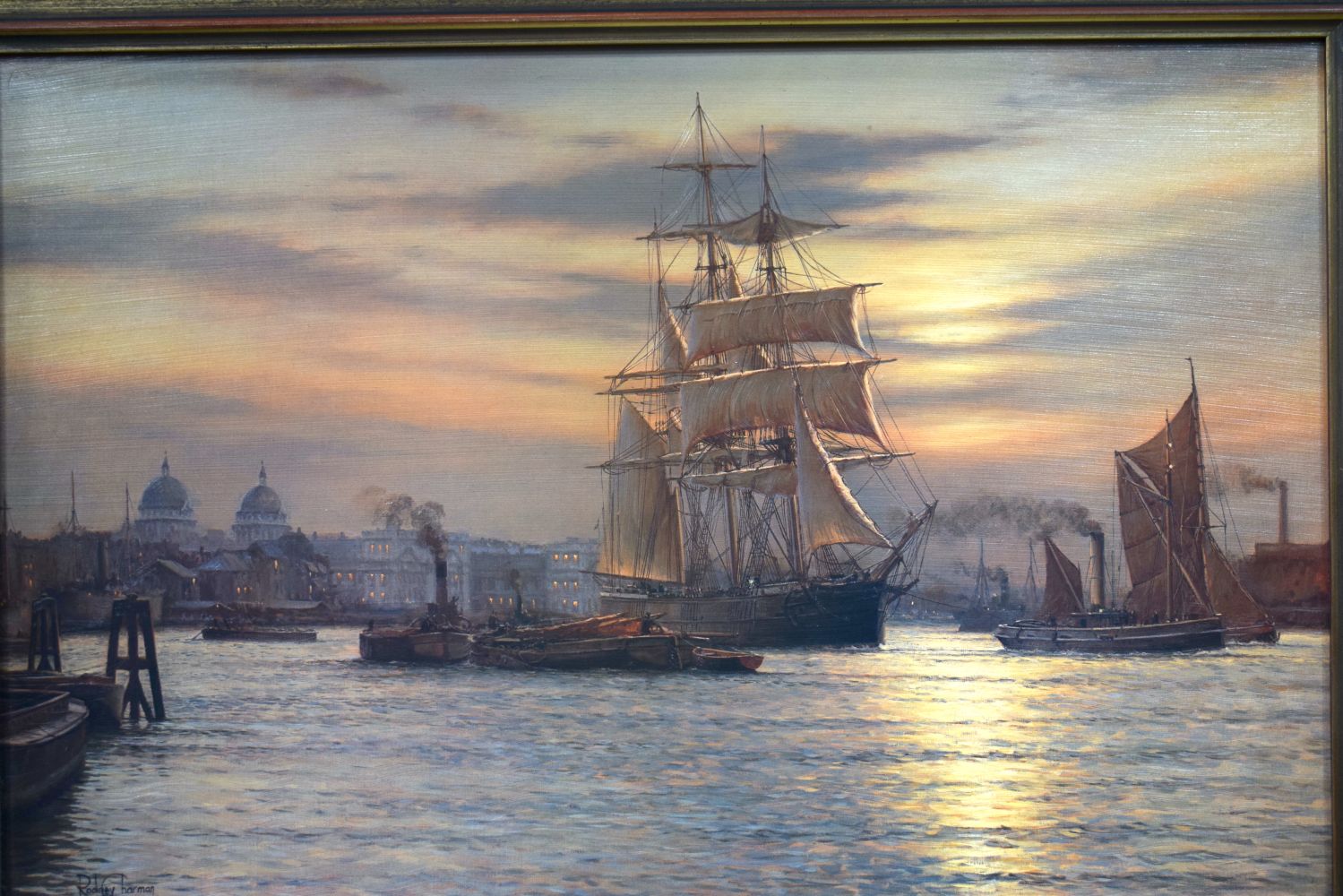 Rodney Charman (b. 1944) A large framed oil on board of the Thames at Greenwich 45 x 71 cm. - Image 6 of 8