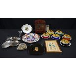 A miscellanious collection Limoges cups and saucers, a framed Lithograph, small Japanese laquered