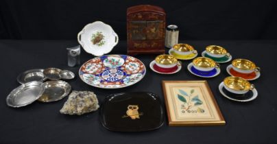 A miscellanious collection Limoges cups and saucers, a framed Lithograph, small Japanese laquered