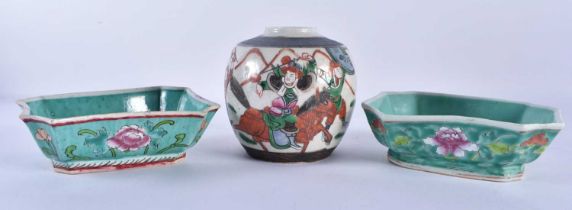 A 19TH CENTURY CHINESE FAMILLE VERTE PORCELAIN GINGER JAR together with a pair of famille rose