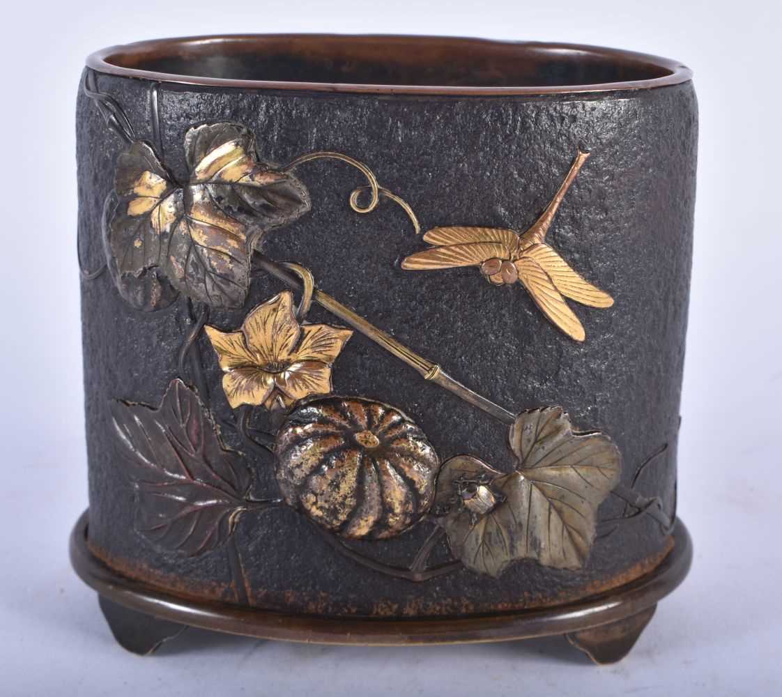 A LOVELY 19TH CENTURY JAPANESE MEIJI PERIOD IRON BRONZE AND SHAKUDO ONLAID BRUSH POT by Toshichika