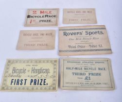 Six Victorian Bicycle Race Winners Cards. Largest 9.6 cm x 15cm (6)