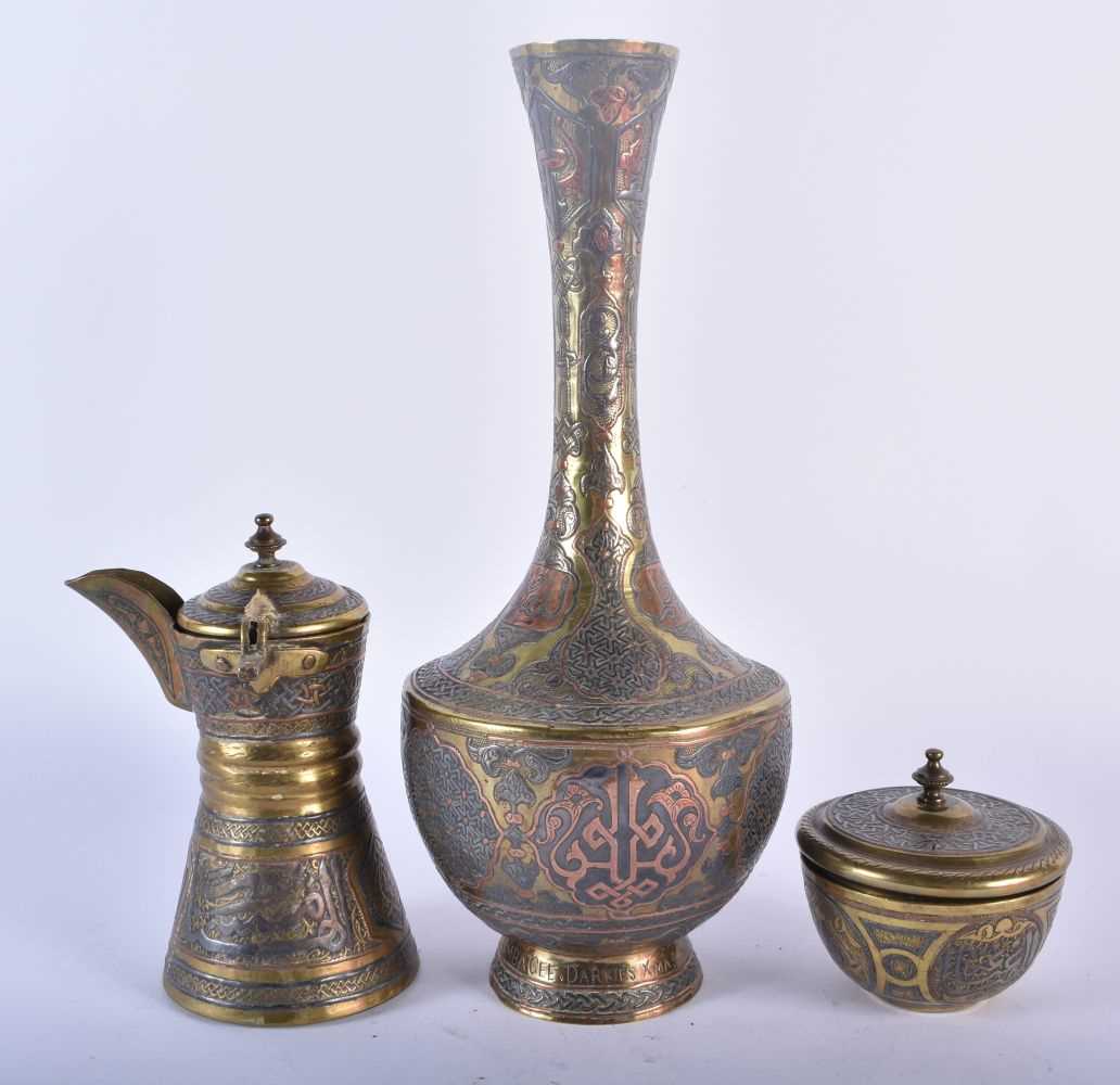 A LARGE 19TH CENTURY MIDDLE EASTERN CAIRO WARE SILVER INLAID BRONZE VASE together with a similar - Image 2 of 4