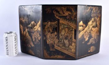 A LARGE AND UNUSUAL 19TH CENTURY CHINESE BLACK LACQUERED MARBLE STAND Qing, painted with figures and