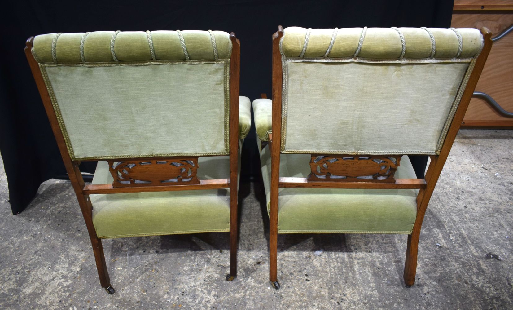 A collection of Edwardian wooden framed Upholstered armchairs with wood inlay to back (4). - Image 11 of 13