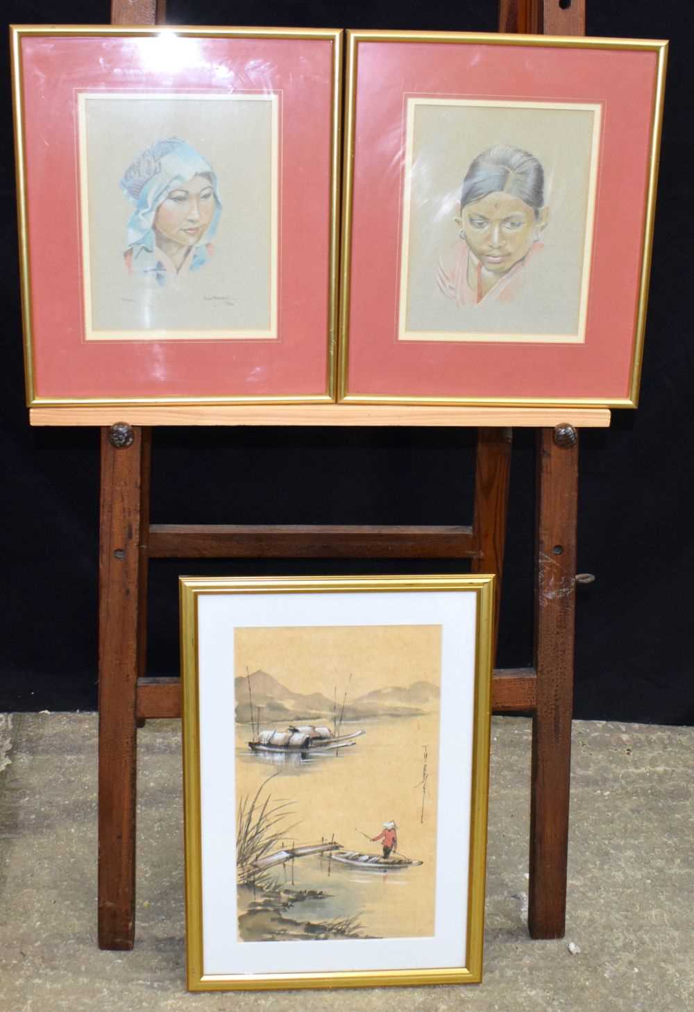 A pair of framed pastel portraits of Southeast Asian females together with a south East Asian - Image 2 of 14