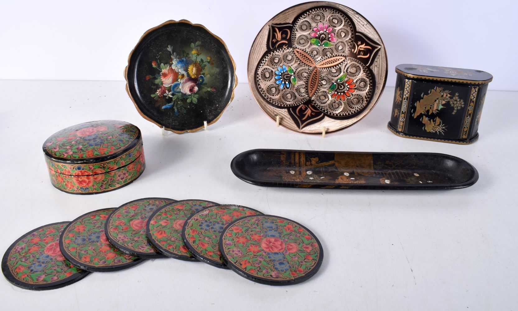 A japanese lacquered box together with Paper mache tray, box,Copper enamelled wall plaque largest 27