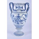 A GERMAN MEISSEN BLUE AND WHITE PORCELAIN VASE with serpent handles, painted with floral sprays.