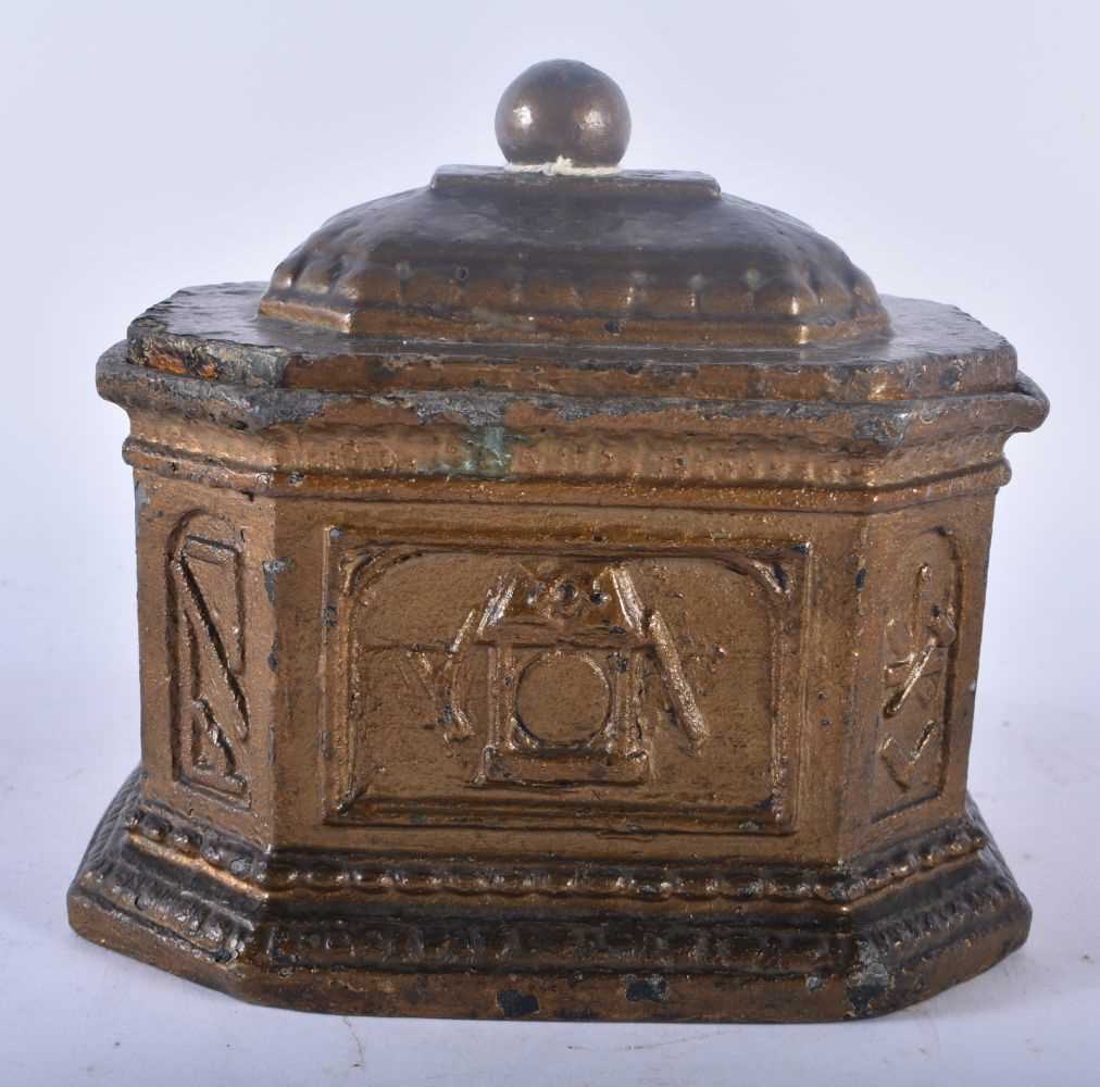 A RARE ANTIQUE PAINTED AND LACQUERED PEWTER TOBACCO BOX AND COVER of Masonic interest. 15 cm x 13