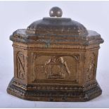 A RARE ANTIQUE PAINTED AND LACQUERED PEWTER TOBACCO BOX AND COVER of Masonic interest. 15 cm x 13