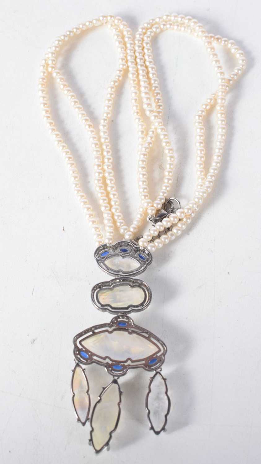 A Double Strand Pearl Necklace with a Moonstone, Sapphire and Diamond Pendant. Length 45cm, weight - Image 3 of 3
