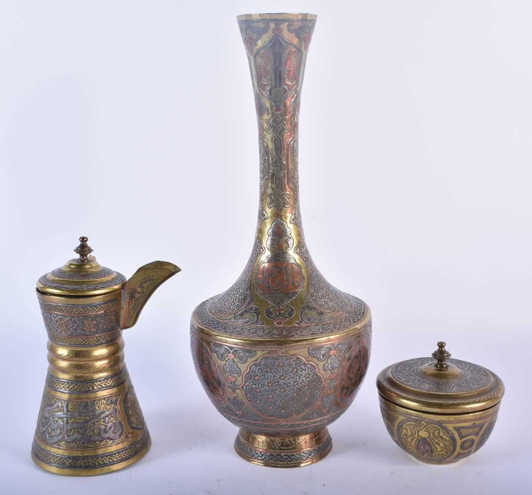 A LARGE 19TH CENTURY MIDDLE EASTERN CAIRO WARE SILVER INLAID BRONZE VASE together with a similar