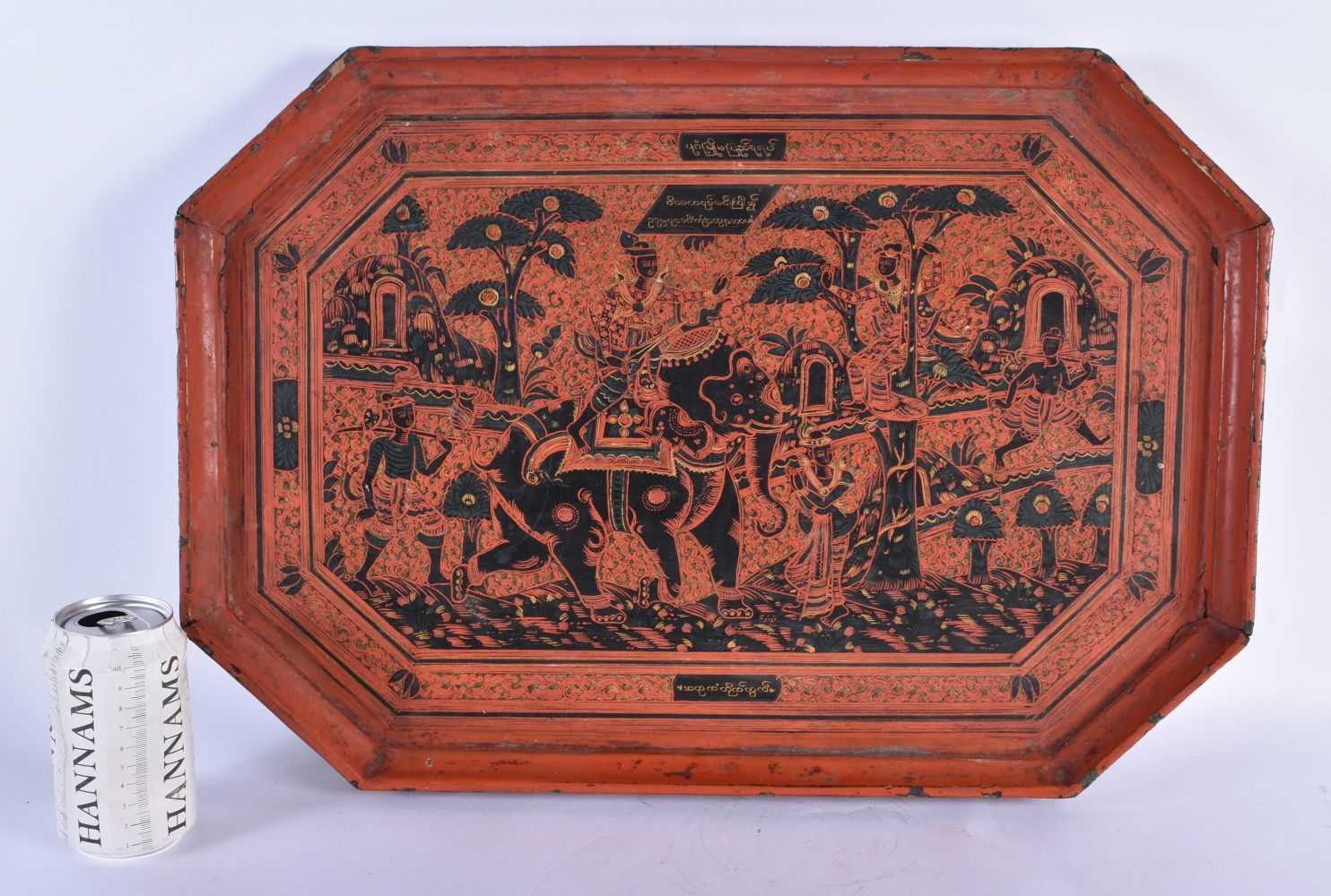 A LARGE LATE 19TH CENTURY THAI SOUTH EAST ASIAN COUNTRY HOUSE LACQUERED TRAY painted with figures