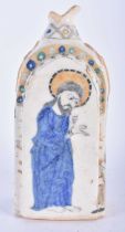 A TURKISH OTTOMAN KUTAHYA POTTERY FLASK painted with saints. 23 cm x 9 cm.