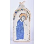 A TURKISH OTTOMAN KUTAHYA POTTERY FLASK painted with saints. 23 cm x 9 cm.