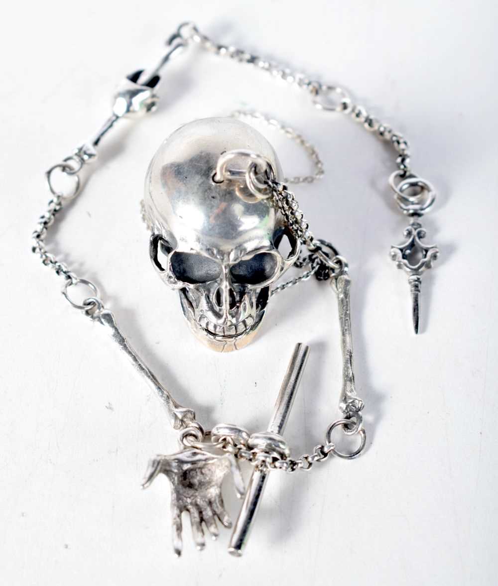 Solid Silver Fob Watch Chain & Gothic Skull Snuff Container. Stamped Sterling. 31 cm long, weight