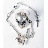 Solid Silver Fob Watch Chain & Gothic Skull Snuff Container. Stamped Sterling. 31 cm long, weight