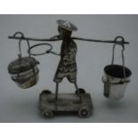 A LATE 19TH CENTURY CHINESE EXPORT SILVER FIGURAL CONDIMENT SET. 96 grams. 10.5 cm x 14 cm.