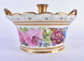 Early 19th century Coalport pot pourri basket and cover painted with flower probably by Thomas