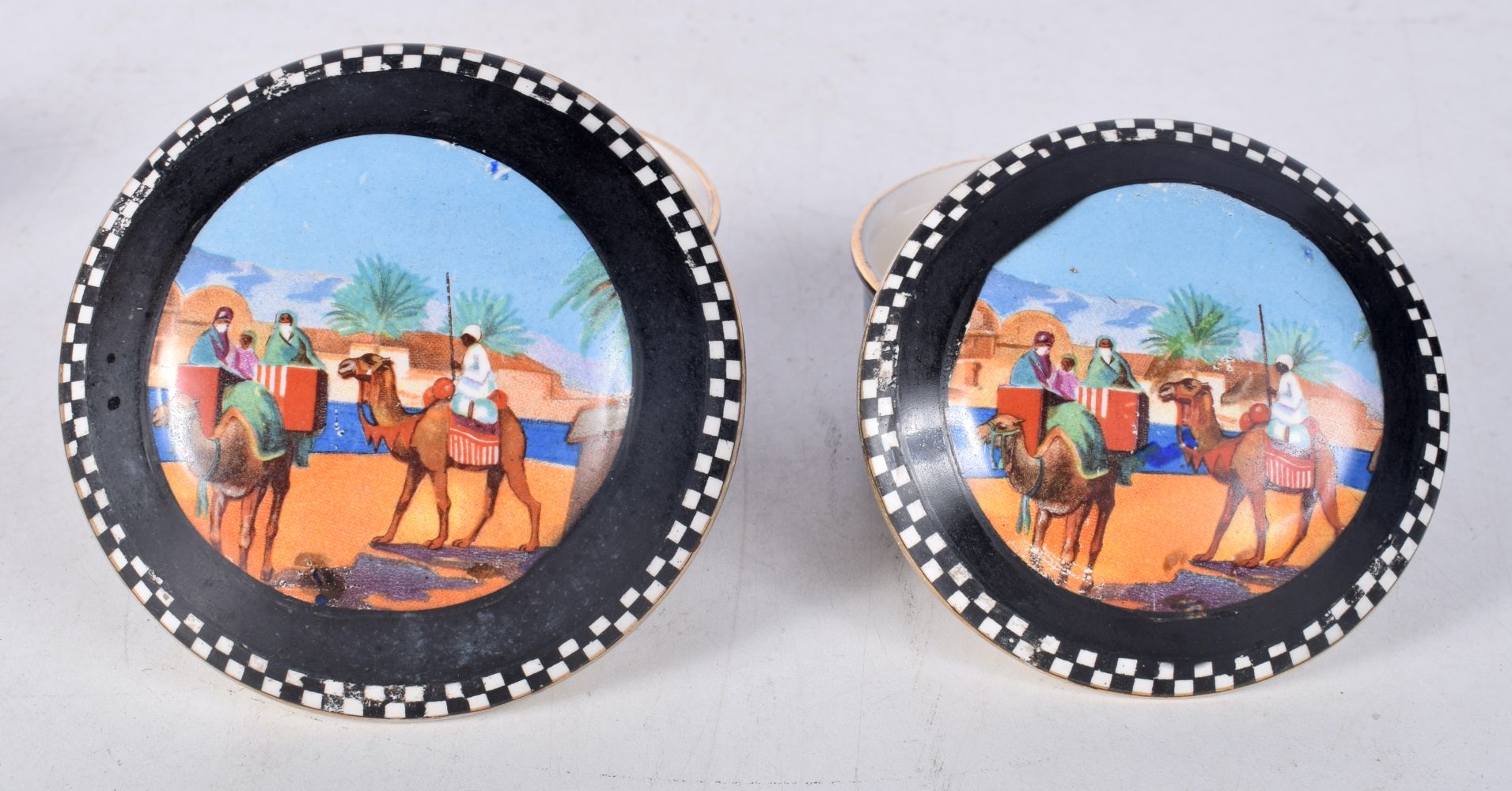 A collection of Continental ceramic pots decorated with North African scenes largest 6.5 x 11.5 - Image 4 of 4