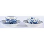 TWO 18TH CENTURY WORCESTER BLUE AND WHITE TEABOWLS AND SAUCERS. 11cm diameter. (4)