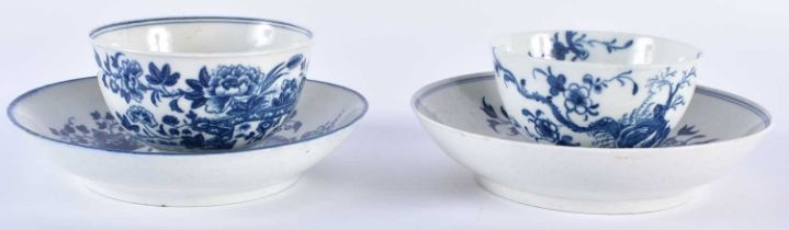 TWO 18TH CENTURY WORCESTER BLUE AND WHITE TEABOWLS AND SAUCERS. 11cm diameter. (4)