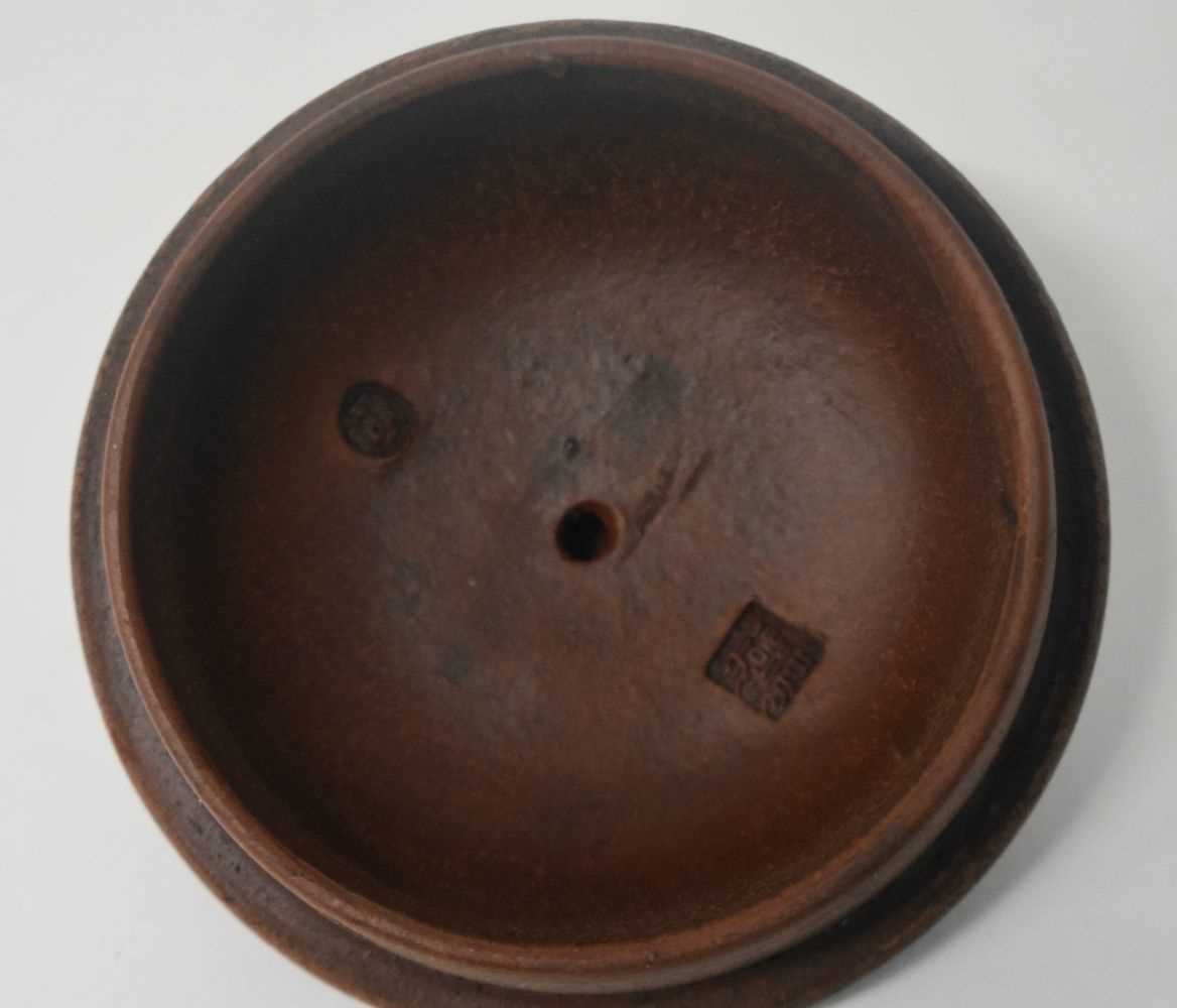 THREE CHINESE YIXING POTTERY TEAPOTS AND COVERS possibly Republican period. Largest 20 cm wide. (3) - Image 12 of 13