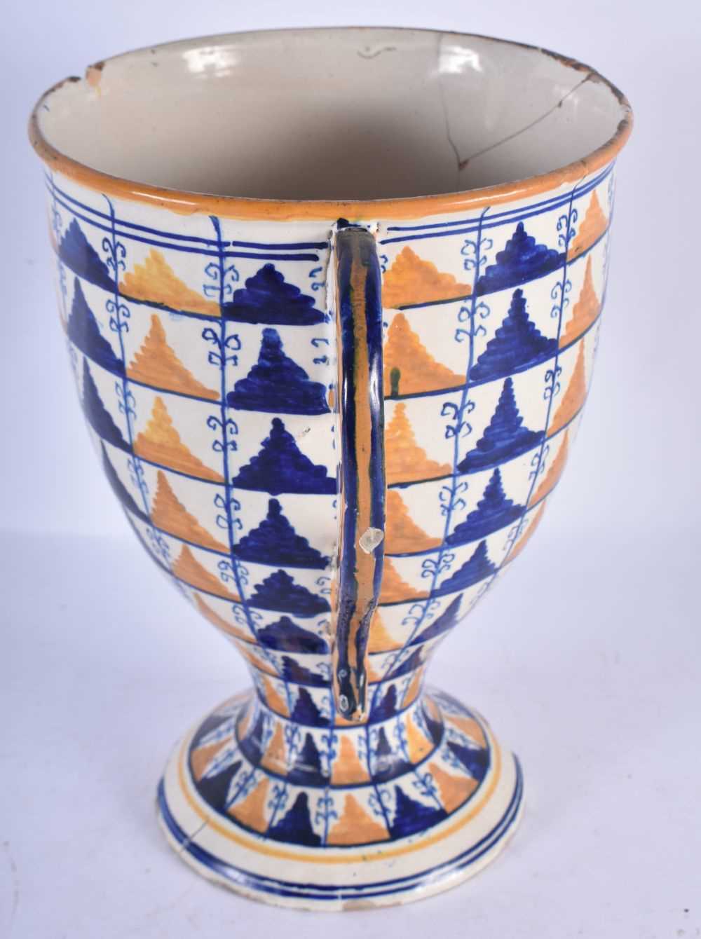 A LARGE 19TH CENTURY ITALIAN TWIN HANDLED CANTAGALLI TIN GLAZED ALHAMBRA VASE painted with motifs. - Image 2 of 4