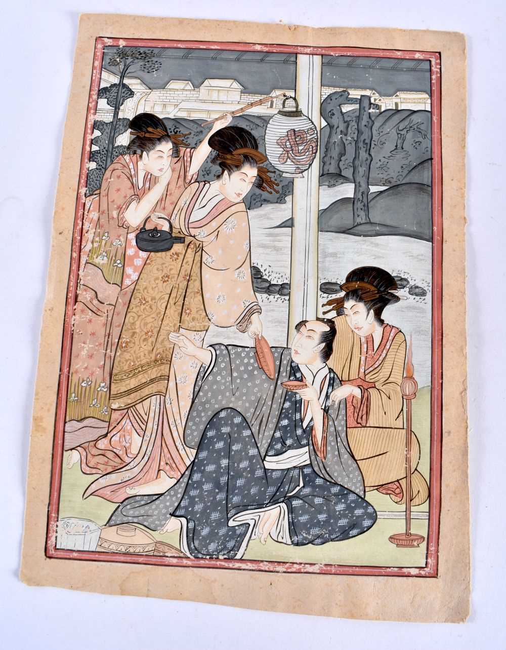 Japanese School (19th Century) Watercolour, Figures in a landscape, painted in an almost Persian