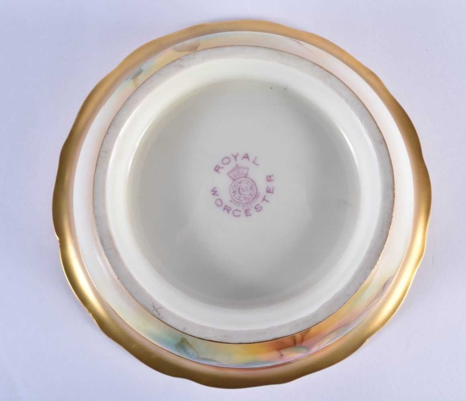 Royal Worcester shaped bowl painted with Hadley style flowers by Mille Hunt, signed, the borders - Image 3 of 3