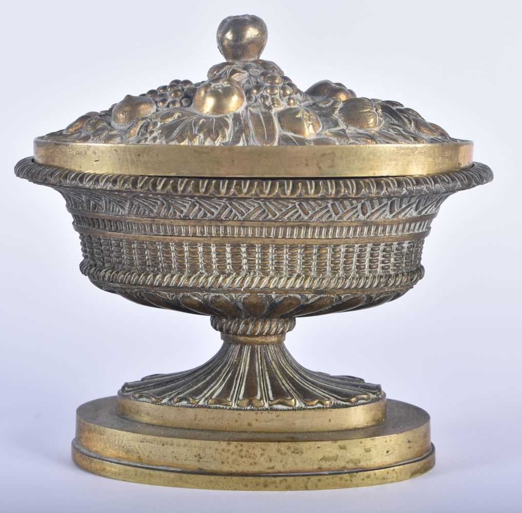 A MID 19TH CENTURY ENGLISH BRONZE COUNTRY HOUSE DESK STAND with removable fruit covered cover,